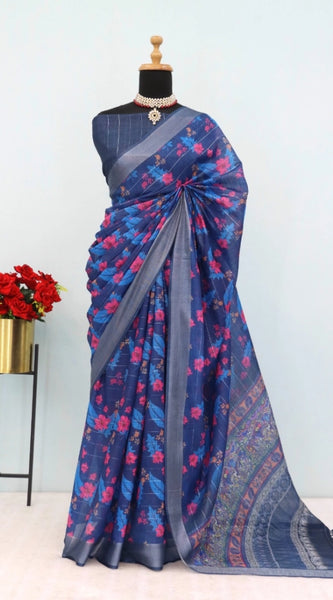 Mayawye Women's Linen Digital Print Saree With Unstitched Blouse 5.5Mtr (Blue)