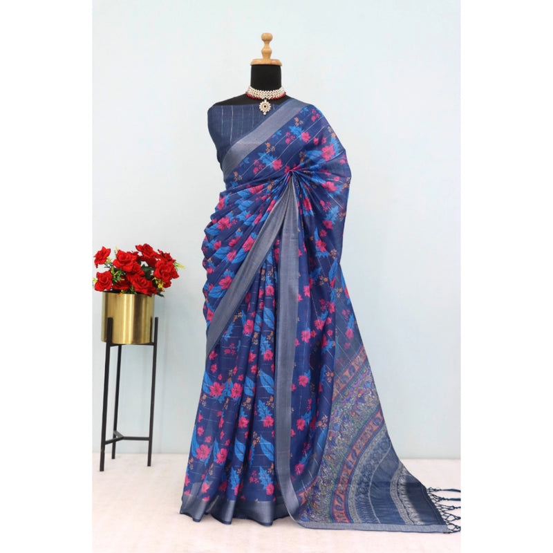 Mayawye Women's Linen Digital Print Saree With Unstitched Blouse 5.5Mtr (Blue)