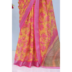 Mayawye Women's Linen Digital Print Saree With Unstitched Blouse 5.5Mtr (Yellow)
