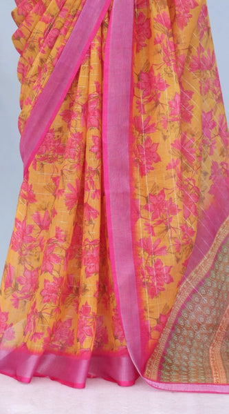 Mayawye Women's Linen Digital Print Saree With Unstitched Blouse 5.5Mtr (Yellow)