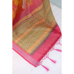 Mayawye Women's Linen Digital Print Saree With Unstitched Blouse 5.5Mtr (Yellow)