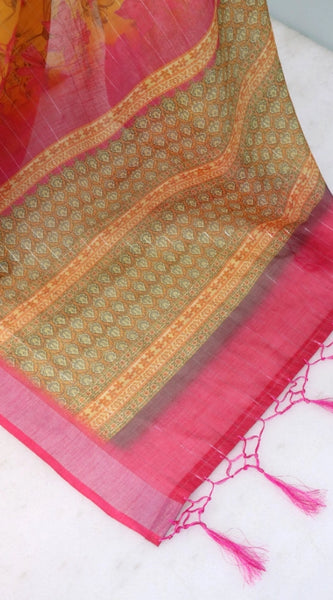 Mayawye Women's Linen Digital Print Saree With Unstitched Blouse 5.5Mtr (Yellow)