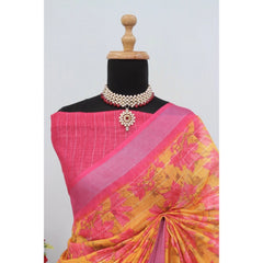 Mayawye Women's Linen Digital Print Saree With Unstitched Blouse 5.5Mtr (Yellow)