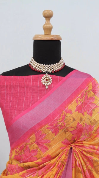 Mayawye Women's Linen Digital Print Saree With Unstitched Blouse 5.5Mtr (Yellow)