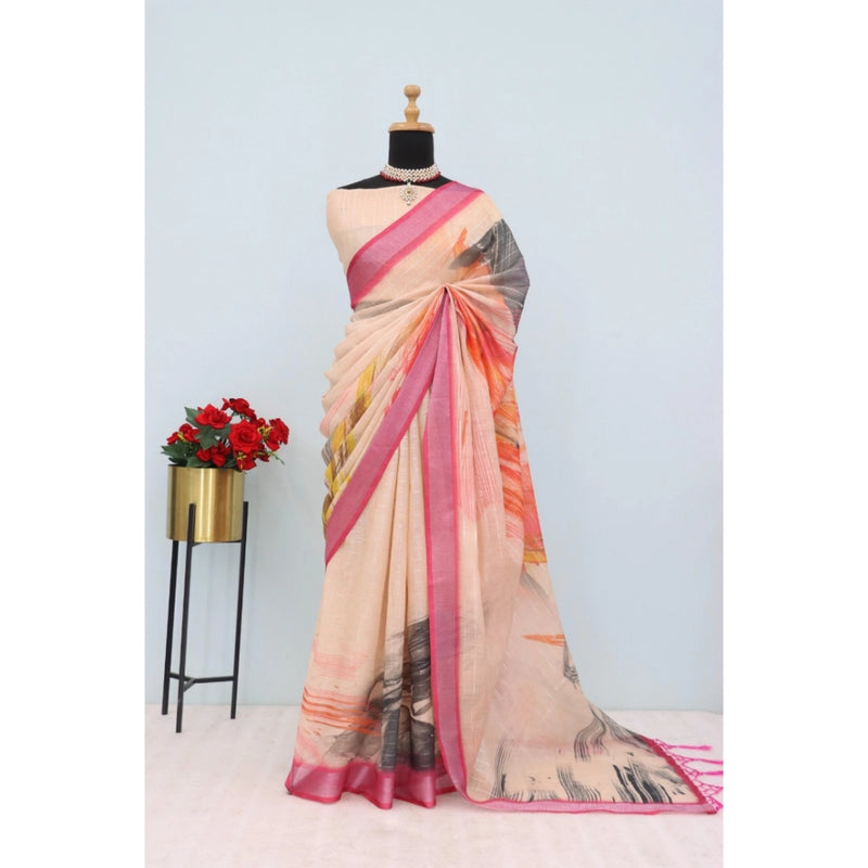 Mayawye Women's Linen Digital Print Saree With Unstitched Blouse 5.5Mtr (Multicolor)