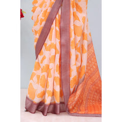 Mayawye Women's Linen Digital Print Saree With Unstitched Blouse 5.5Mtr (Orange)