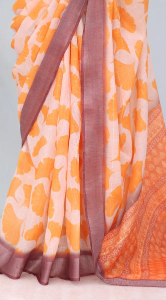 Mayawye Women's Linen Digital Print Saree With Unstitched Blouse 5.5Mtr (Orange)