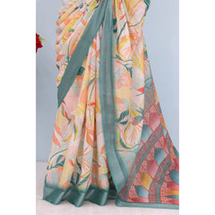 Mayawye Women's Linen Digital Print Saree With Unstitched Blouse 5.5Mtr (Green)