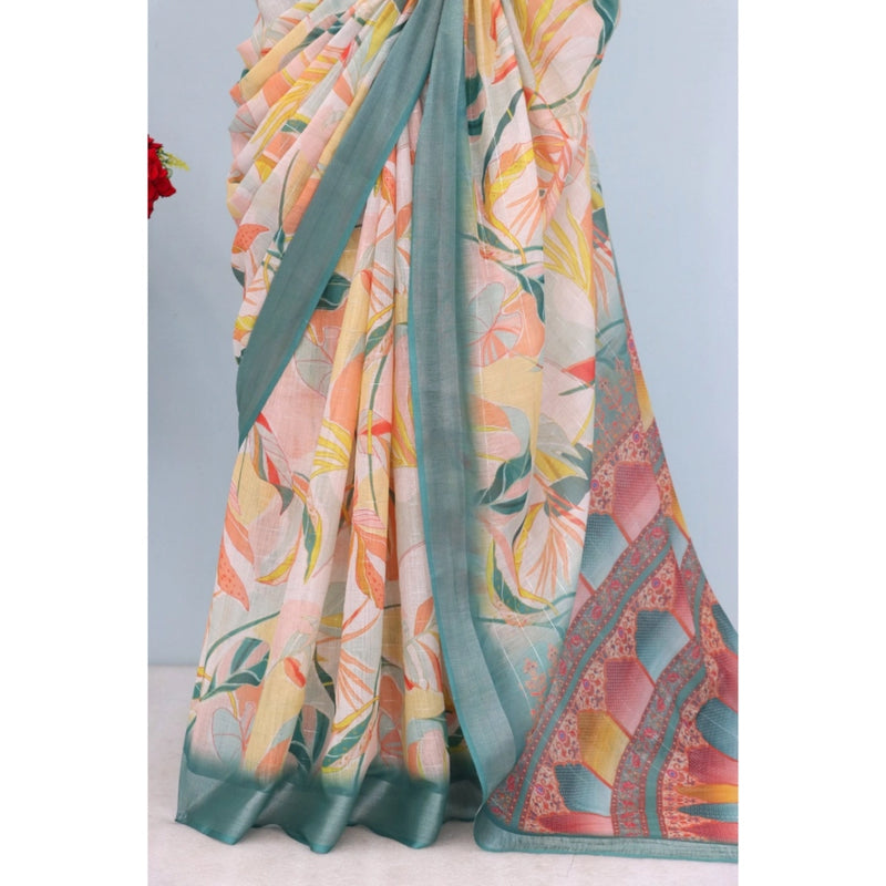 Mayawye Women's Linen Digital Print Saree With Unstitched Blouse 5.5Mtr (Green)