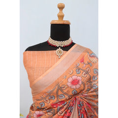 Mayawye Women's Linen Digital Print Saree With Unstitched Blouse 5.5Mtr (Orange)