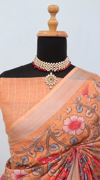 Mayawye Women's Linen Digital Print Saree With Unstitched Blouse 5.5Mtr (Orange)