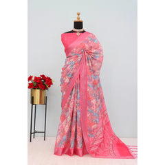 Mayawye Women's Linen Digital Print Saree With Unstitched Blouse 5.5Mtr (Pink)