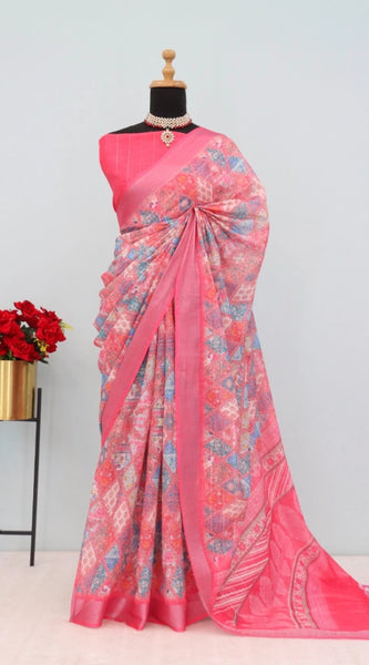 Mayawye Women's Linen Digital Print Saree With Unstitched Blouse 5.5Mtr (Pink)