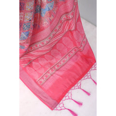 Mayawye Women's Linen Digital Print Saree With Unstitched Blouse 5.5Mtr (Pink)