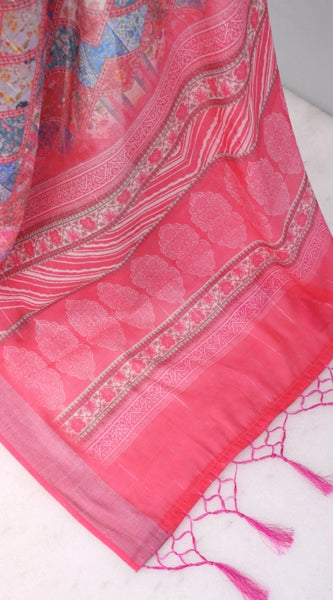 Mayawye Women's Linen Digital Print Saree With Unstitched Blouse 5.5Mtr (Pink)