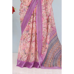 Mayawye Women's Linen Digital Print Saree With Unstitched Blouse 5.5Mtr (Purple)