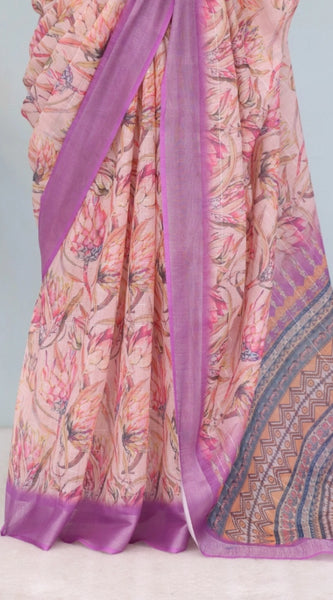 Mayawye Women's Linen Digital Print Saree With Unstitched Blouse 5.5Mtr (Purple)