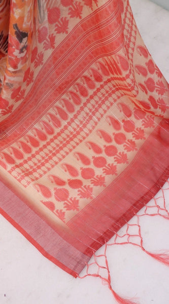 Mayawye Women's Linen Digital Print Saree With Unstitched Blouse 5.5Mtr (Pink)