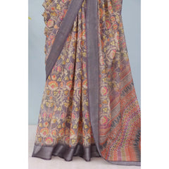 Mayawye Women's Linen Digital Print Saree With Unstitched Blouse 5.5Mtr (Grey)