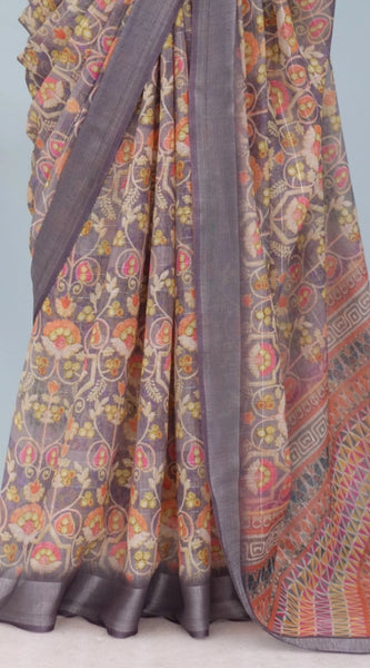 Mayawye Women's Linen Digital Print Saree With Unstitched Blouse 5.5Mtr (Grey)