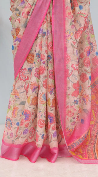 Mayawye Women's Linen Digital Print Saree With Unstitched Blouse 5.5Mtr (Pink)