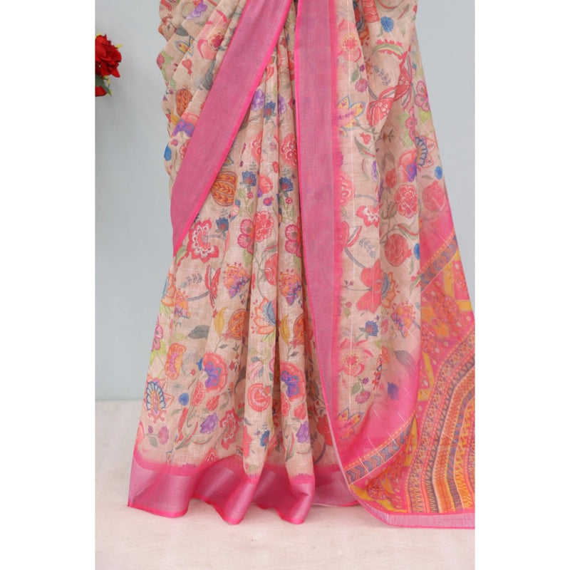 Mayawye Women's Linen Digital Print Saree With Unstitched Blouse 5.5Mtr (Pink)