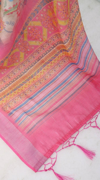 Mayawye Women's Linen Digital Print Saree With Unstitched Blouse 5.5Mtr (Pink)