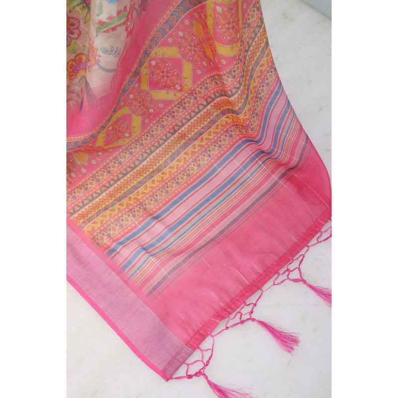 Mayawye Women's Linen Digital Print Saree With Unstitched Blouse 5.5Mtr (Pink)