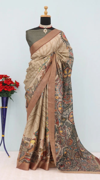 Mayawye Women's Mysore Silk  Digital Print Saree With Unstitched Blouse 5.5Mtr (Beige)