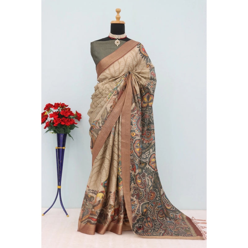 Mayawye Women's Mysore Silk  Digital Print Saree With Unstitched Blouse 5.5Mtr (Beige)