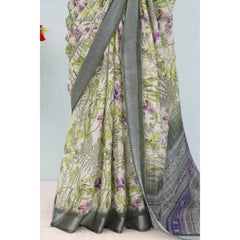 Mayawye Women's Linen Digital Print Saree With Unstitched Blouse 5.5Mtr (Green)