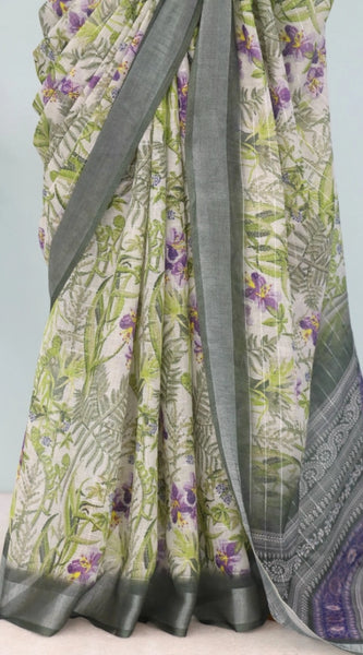 Mayawye Women's Linen Digital Print Saree With Unstitched Blouse 5.5Mtr (Green)