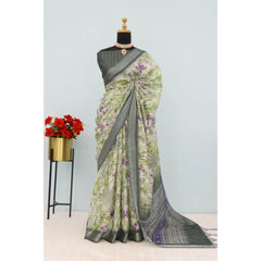 Mayawye Women's Linen Digital Print Saree With Unstitched Blouse 5.5Mtr (Green)
