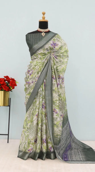 Mayawye Women's Linen Digital Print Saree With Unstitched Blouse 5.5Mtr (Green)