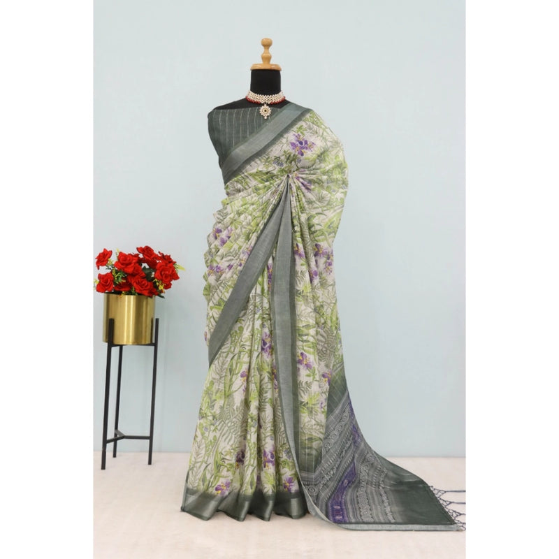 Mayawye Women's Linen Digital Print Saree With Unstitched Blouse 5.5Mtr (Green)