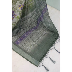 Mayawye Women's Linen Digital Print Saree With Unstitched Blouse 5.5Mtr (Green)