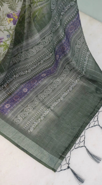 Mayawye Women's Linen Digital Print Saree With Unstitched Blouse 5.5Mtr (Green)