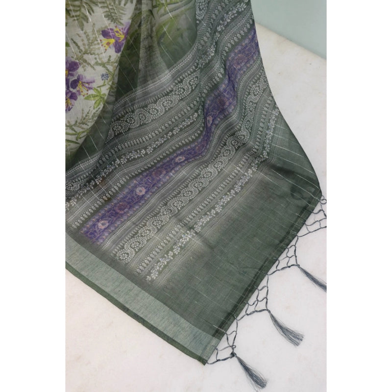 Mayawye Women's Linen Digital Print Saree With Unstitched Blouse 5.5Mtr (Green)