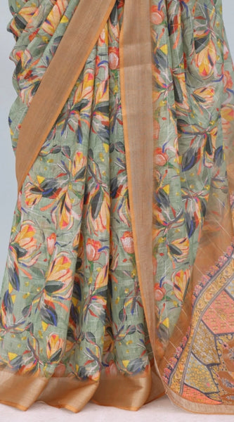 Mayawye Women's Linen Digital Print Saree With Unstitched Blouse 5.5Mtr (Beige)