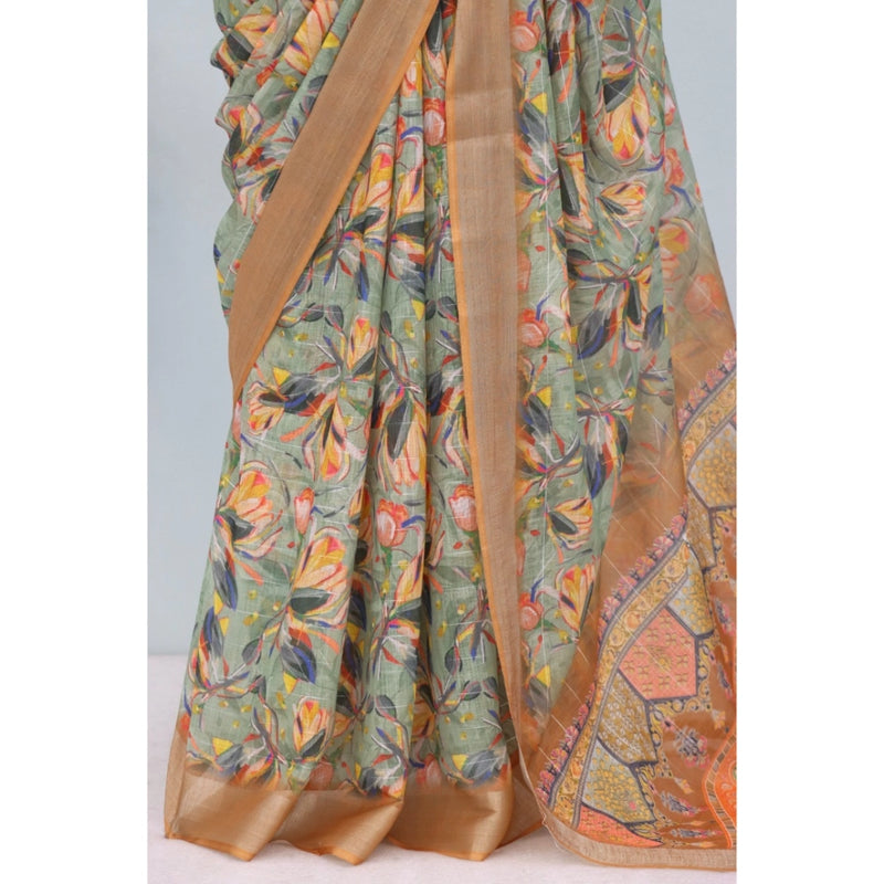 Mayawye Women's Linen Digital Print Saree With Unstitched Blouse 5.5Mtr (Beige)