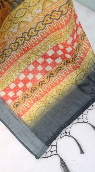 Mayawye Women's Linen Digital Print Saree With Unstitched Blouse 5.5Mtr (Multicolor)