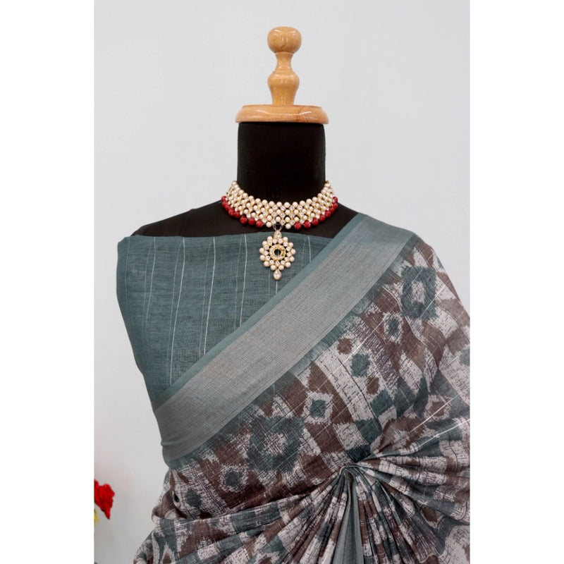 Mayawye Women's Linen Digital Print Saree With Unstitched Blouse 5.5Mtr (Grey)