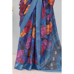 Mayawye Women's Linen Digital Print Saree With Unstitched Blouse 5.5Mtr (Blue)