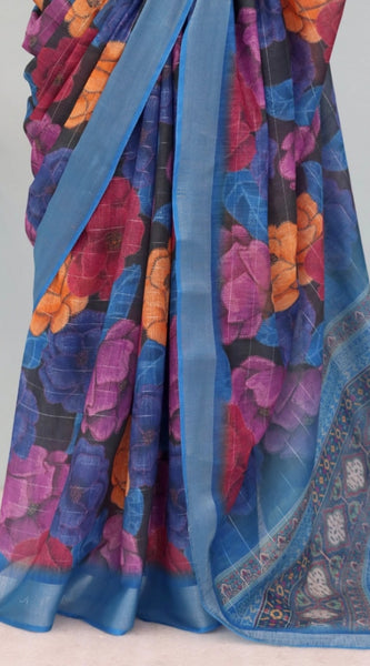 Mayawye Women's Linen Digital Print Saree With Unstitched Blouse 5.5Mtr (Blue)