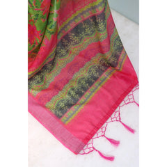 Mayawye Women's Linen Digital Print Saree With Unstitched Blouse 5.5Mtr (Green)