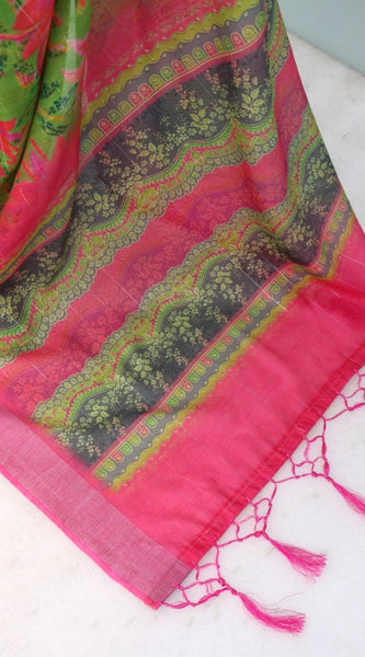 Mayawye Women's Linen Digital Print Saree With Unstitched Blouse 5.5Mtr (Green)