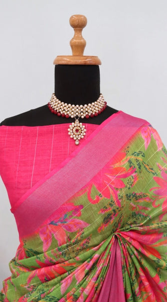 Mayawye Women's Linen Digital Print Saree With Unstitched Blouse 5.5Mtr (Green)