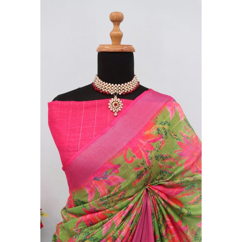 Mayawye Women's Linen Digital Print Saree With Unstitched Blouse 5.5Mtr (Green)