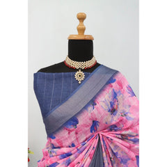 Mayawye Women's Linen Digital Print Saree With Unstitched Blouse 5.5Mtr (Multicolor)
