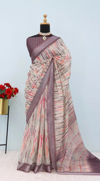 Mayawye Women's Linen Digital Print Saree With Unstitched Blouse 5.5Mtr (Grey)